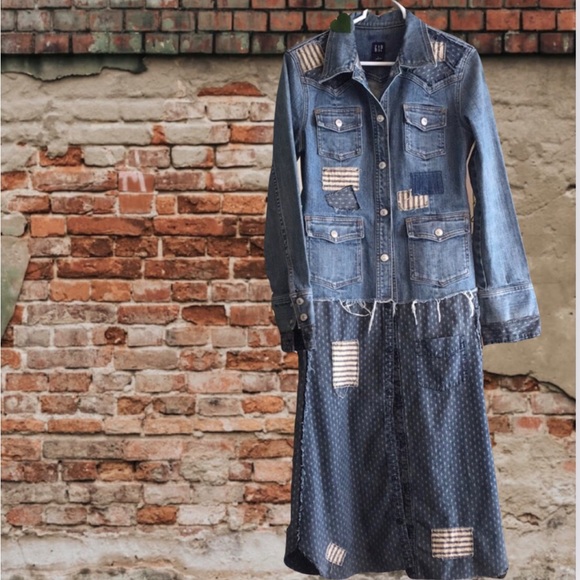 Upcycled patched fringed and frayed denim duster jean jacket - Picture 2 of 16